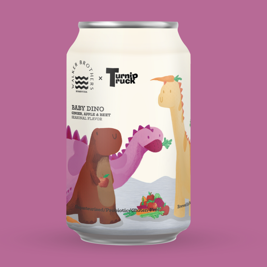 Can render of seasonal flavor called Baby Dino with dinosaur illustration on a pink background 