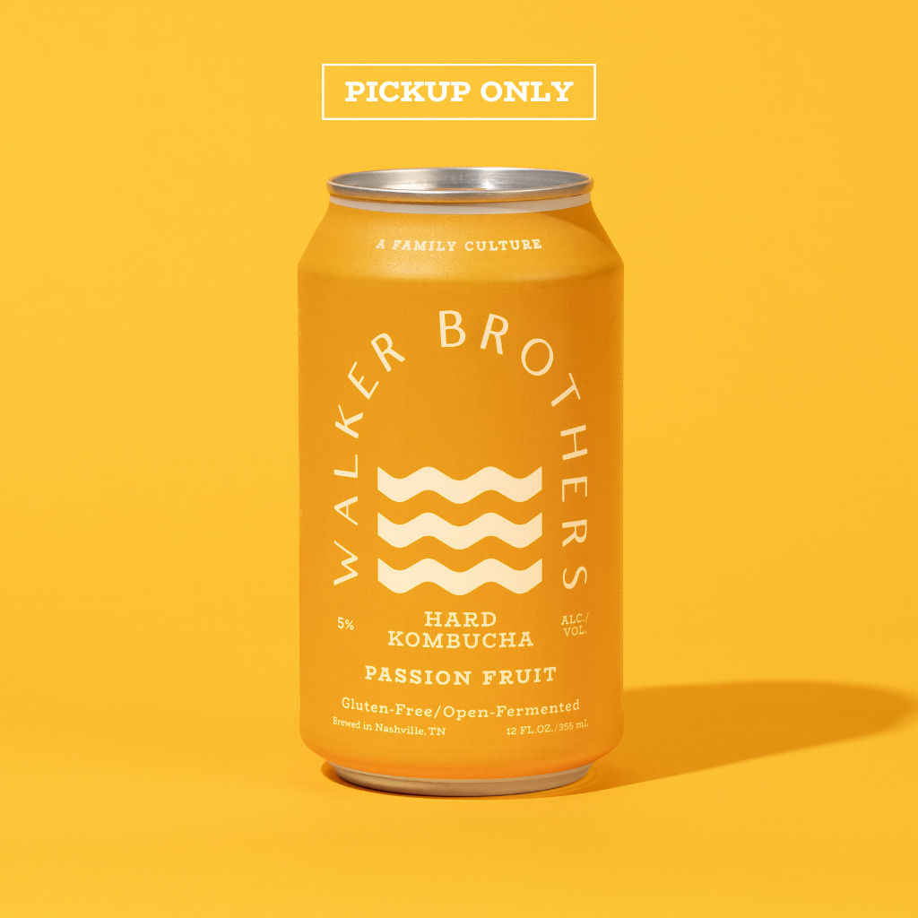 A Walker Brothers Passion Fruit hard kombucha can in a bright yellow color, centered on a matching solid yellow background. A white 'PICKUP ONLY' label is positioned above the can.