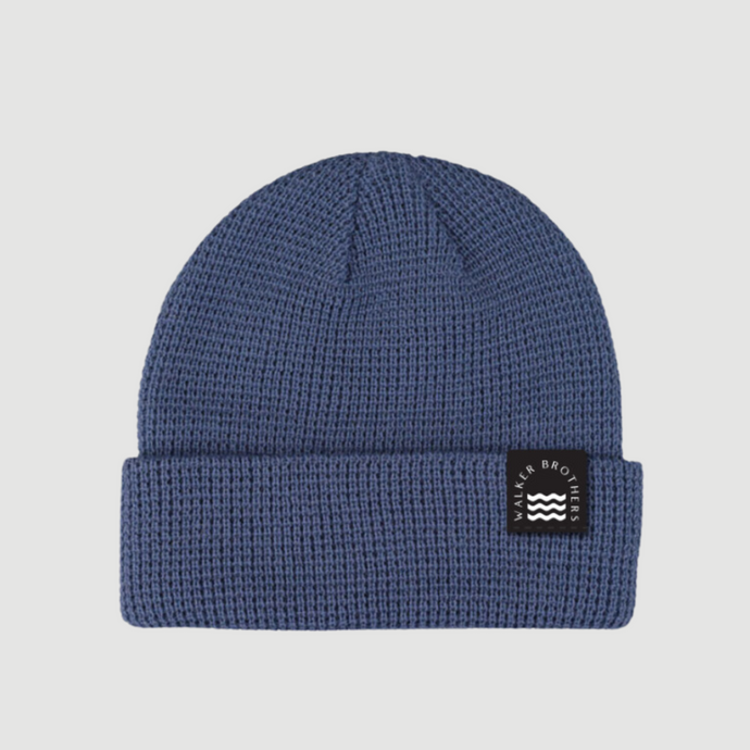 Slate blue colored beanie with walker brothers logo