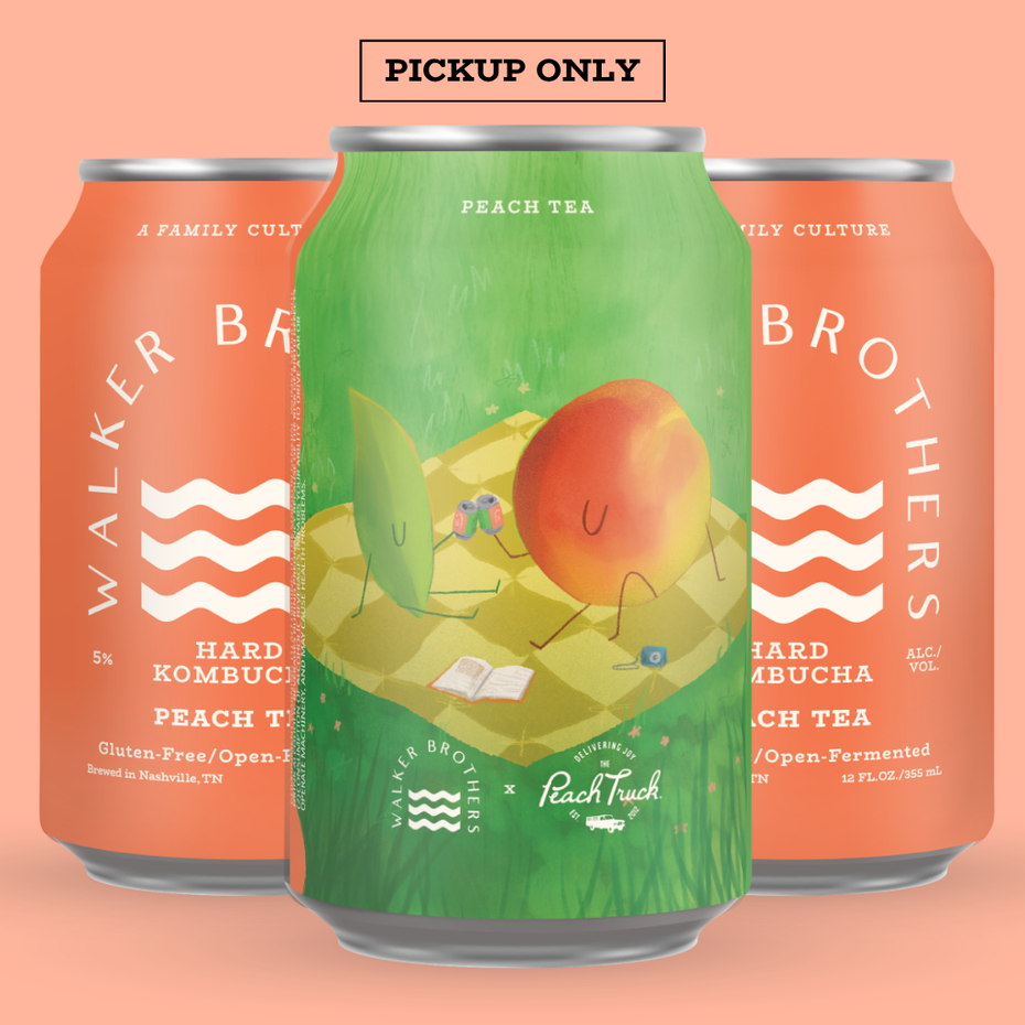 Three cans of Walker Brothers Hard Kombucha Peach Tea on a peach background with 'Pickup Only' text. The central can shows the can illustration: a tea leaf and a peach having a picnic