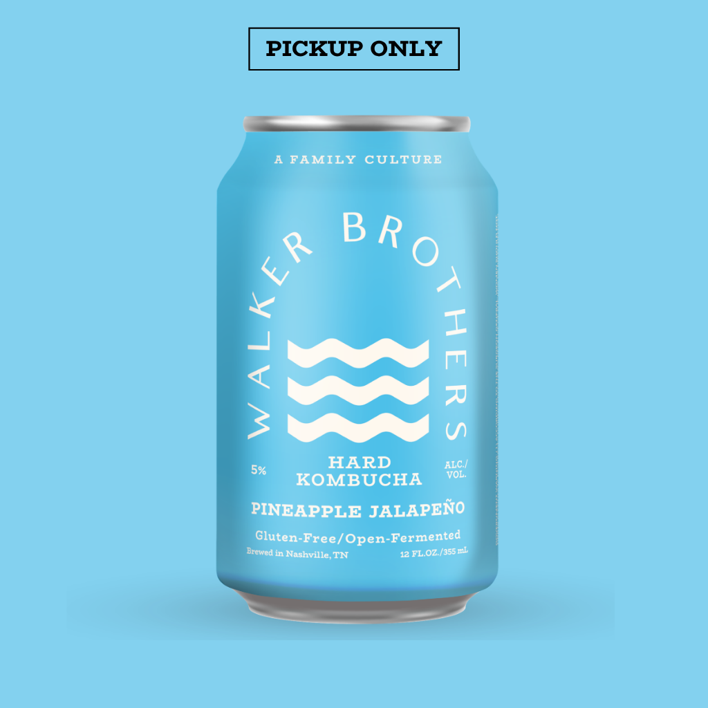 A can of Walker Brothers Pineapple Jalapeno hard kombucha. The can is blue with the Walker Brothers logo on it. It says pickup only above the can to indicate this item is only available for pickup at the Walker Brothers brewery.