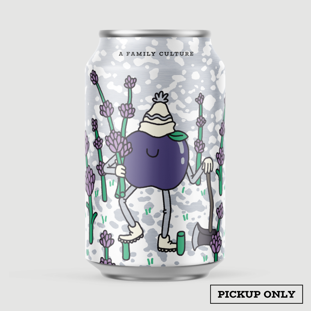 12oz can of Walker Brothers seasonal kombucha flavor, High Gravity Plum Lavender. Features a plum with winter hat and boots oncutting down lavender trees with an ax.
